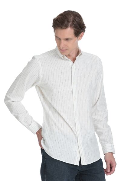 Siyah Comfort Fit Çizgili Düğmeli Yaka Pamuk-Keten Uzun Kollu Gömlek - 3