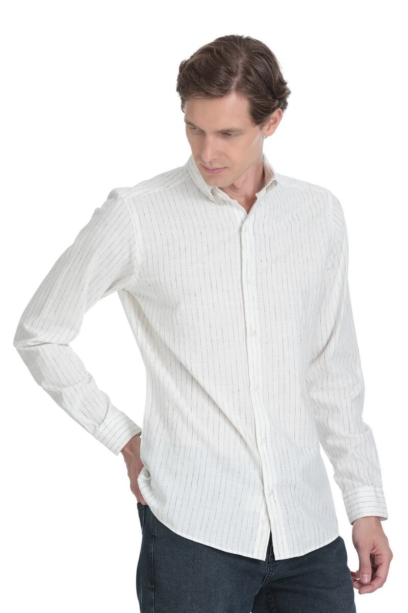 Siyah Comfort Fit Çizgili Düğmeli Yaka Pamuk-Keten Uzun Kollu Gömlek - Saykı (1)
