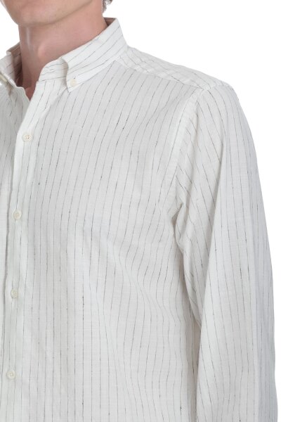 Siyah Comfort Fit Çizgili Düğmeli Yaka Pamuk-Keten Uzun Kollu Gömlek - 4