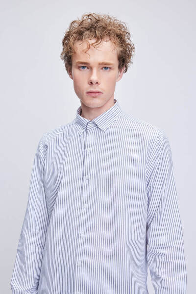 Siyah Comfort Fit Çizgili Pamuklu Düğmeli Yaka Uzun Kollu Casual Gömlek - 3