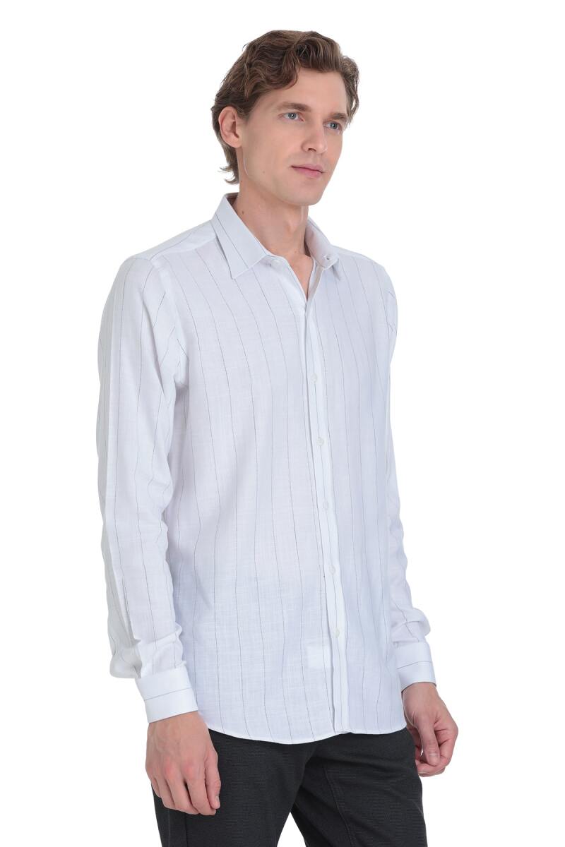 Siyah Comfort Fit Çizgili Slim Yaka 100% Pamuk Uzun Kollu Spor Gömlek - Saykı