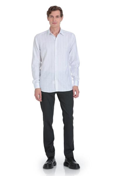 Siyah Comfort Fit Çizgili Slim Yaka 100% Pamuk Uzun Kollu Spor Gömlek - 2