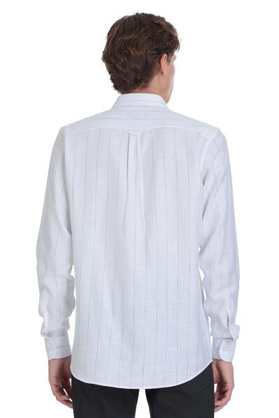 Siyah Comfort Fit Çizgili Slim Yaka 100% Pamuk Uzun Kollu Spor Gömlek - 5