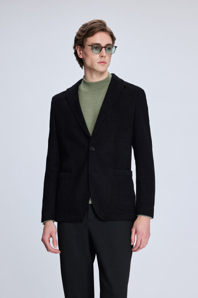Siyah Comfort Fit Desenli Mono Yaka Klasik Ceket 