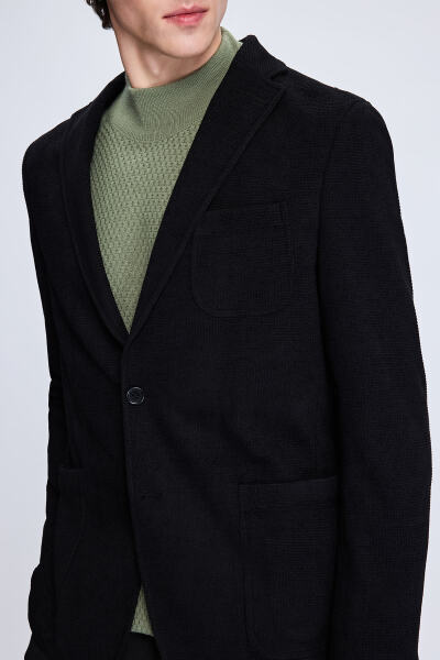 Siyah Comfort Fit Desenli Mono Yaka Klasik Ceket - 3