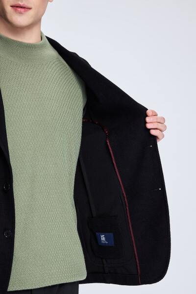 Siyah Comfort Fit Desenli Mono Yaka Klasik Ceket - 4