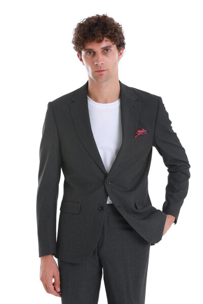 Siyah Comfort Fit Desenli Mono Yaka Klasik Takım Elbise - 4