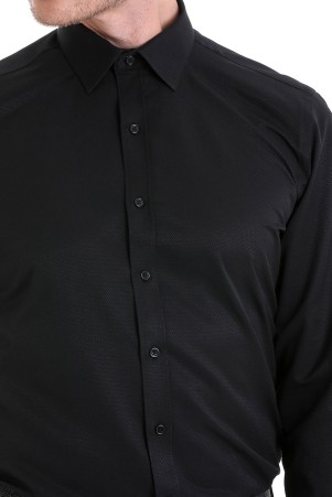 Siyah Comfort Fit Desenli Pamuklu Slim Yaka Uzun Kollu Klasik Gömlek - Thumbnail