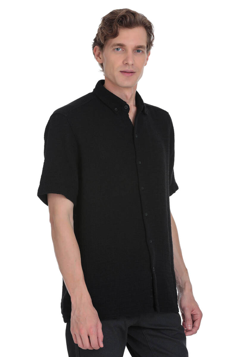 Siyah Comfort Fit Düğmeli Yaka 100% Pamuk Kısa Kollu Casual Gömlek - Saykı