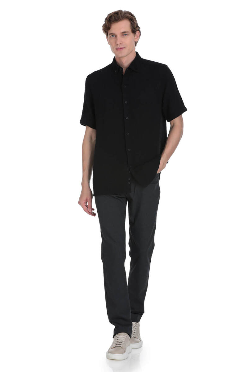 Siyah Comfort Fit Düğmeli Yaka 100% Pamuk Kısa Kollu Casual Gömlek - Saykı (1)