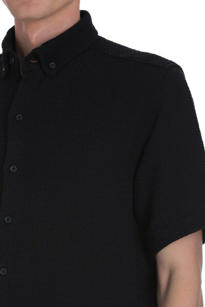 Siyah Comfort Fit Düğmeli Yaka 100% Pamuk Kısa Kollu Casual Gömlek - 5