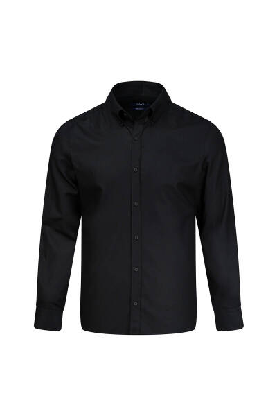 Siyah Comfort Fit Düğmeli Yaka 100% Pamuk Uzun Kollu Oxford Gömlek - 1