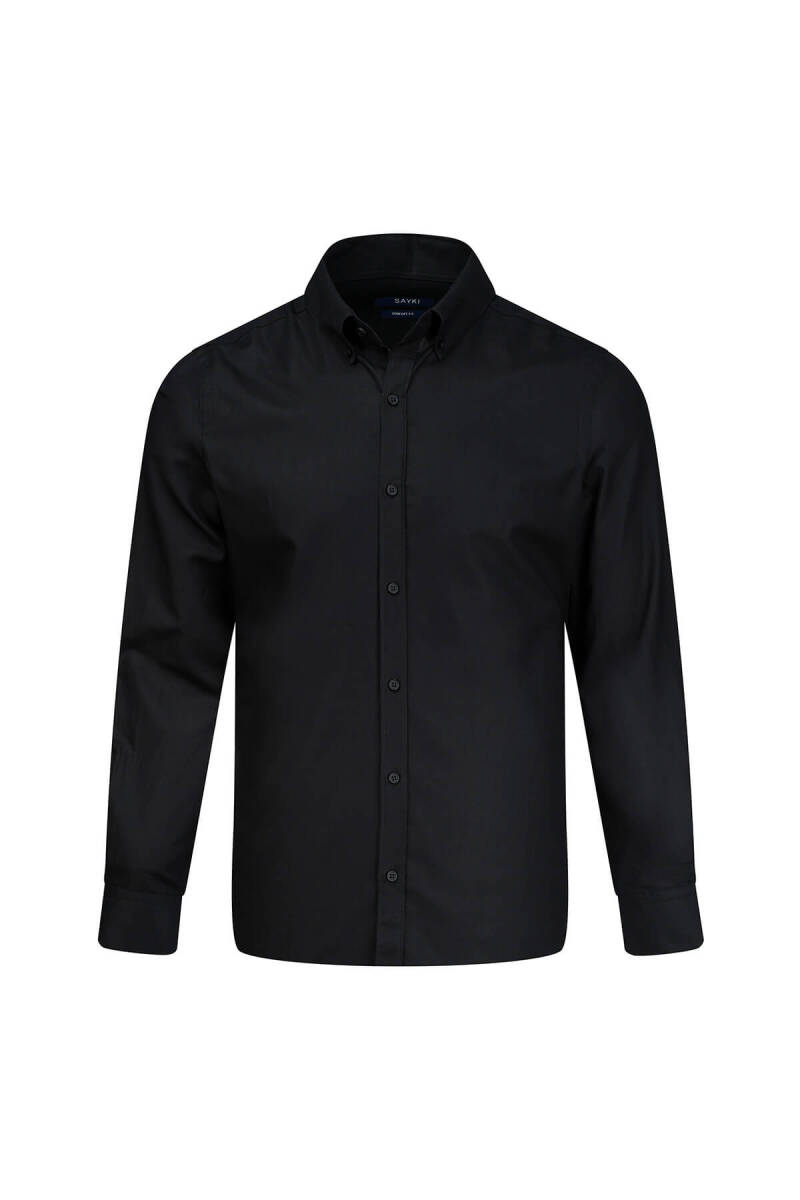 Siyah Comfort Fit Düğmeli Yaka 100% Pamuk Uzun Kollu Oxford Gömlek - Saykı