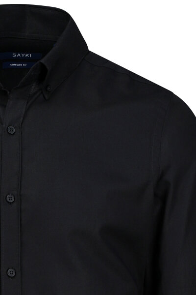 Siyah Comfort Fit Düğmeli Yaka 100% Pamuk Uzun Kollu Oxford Gömlek - 2