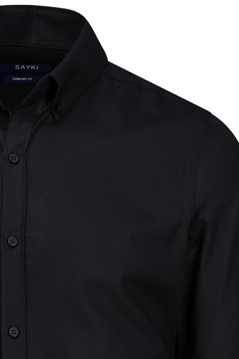 Siyah Comfort Fit Düğmeli Yaka 100% Pamuk Uzun Kollu Oxford Gömlek - Saykı (1)