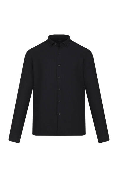 Siyah Comfort Fit Düğmeli Yaka Uzun Kollu Casual Gömlek 