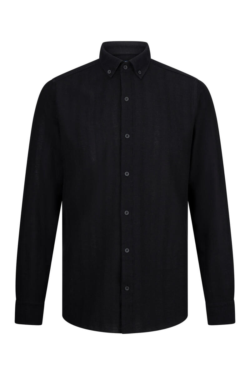 Siyah Comfort Fit Düğmeli Yaka Uzun Kollu Pamuklu Gömlek - HTML