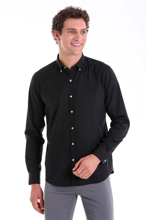 Hatem Saykı - Siyah Comfort Fit Düz 100% Pamuk Düğmeli Yaka Uzun Kollu Casual Gömlek