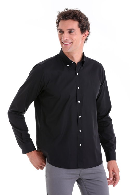 Siyah Comfort Fit Düz 100% Pamuk Düğmeli Yaka Uzun Kollu Casual Gömlek - Thumbnail (2)