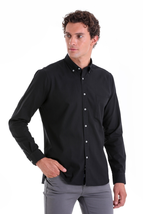 Hatem Saykı - Siyah Comfort Fit Düz 100% Pamuk Düğmeli Yaka Uzun Kollu Casual Oxford Gömlek
