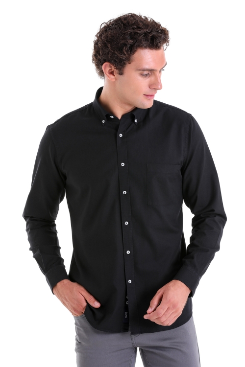 Siyah Comfort Fit Düz 100% Pamuk Düğmeli Yaka Uzun Kollu Casual Oxford Gömlek - Thumbnail (1)