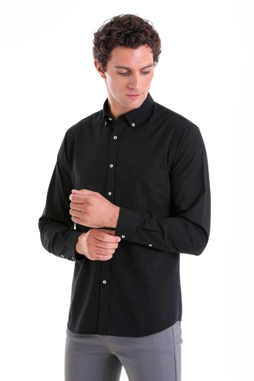 Siyah Comfort Fit Düz 100% Pamuk Düğmeli Yaka Uzun Kollu Casual Oxford Gömlek - Thumbnail (2)