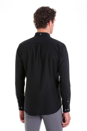 Siyah Comfort Fit Düz 100% Pamuk Düğmeli Yaka Uzun Kollu Casual Oxford Gömlek - Thumbnail