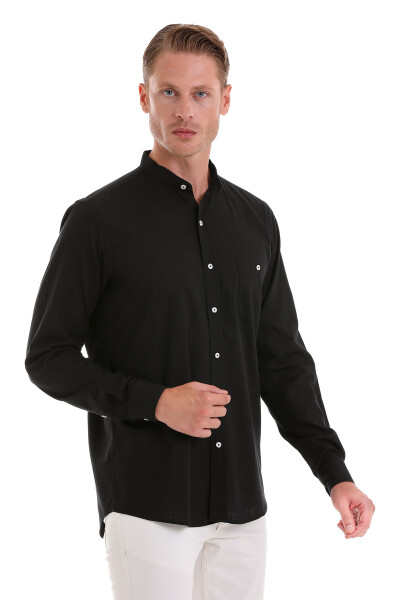 Siyah Comfort Fit 100% Pamuk Hakim Yaka Uzun Kollu Spor Gömlek - 4