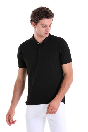 Siyah Comfort Fit Düz 100% Pamuk Polo Yaka Tişört - Thumbnail