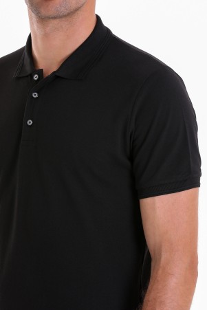 Siyah Comfort Fit Düz 100% Pamuk Polo Yaka Tişört - Thumbnail