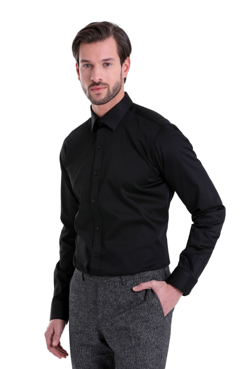 Hatem Saykı - Siyah Comfort Fit Düz 100% Pamuk Slim Yaka Uzun Kollu Klasik Saten Gömlek