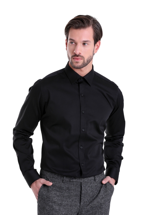 Siyah Comfort Fit Düz 100% Pamuk Slim Yaka Uzun Kollu Klasik Saten Gömlek - Thumbnail (1)