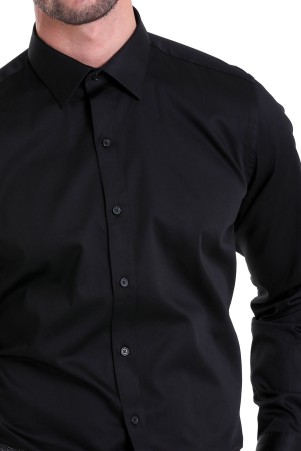 Siyah Comfort Fit Düz 100% Pamuk Slim Yaka Uzun Kollu Klasik Saten Gömlek - Thumbnail