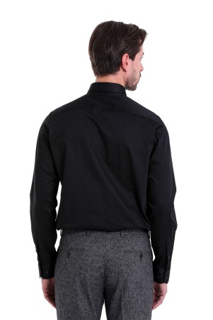 Siyah Comfort Fit Düz 100% Pamuk Slim Yaka Uzun Kollu Klasik Saten Gömlek - Thumbnail