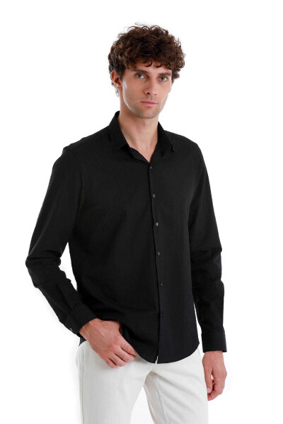 Siyah Comfort Fit 100% Pamuk Slim Yaka Uzun Kollu Spor Gömlek 