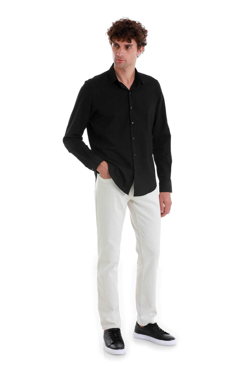 Siyah Comfort Fit 100% Pamuk Slim Yaka Uzun Kollu Spor Gömlek - Hatem Saykı (1)