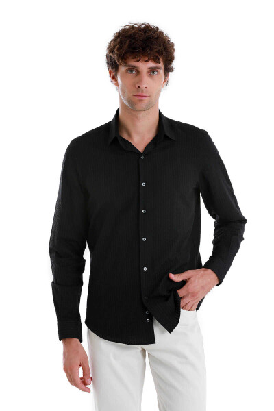 Siyah Comfort Fit 100% Pamuk Slim Yaka Uzun Kollu Spor Gömlek - 4