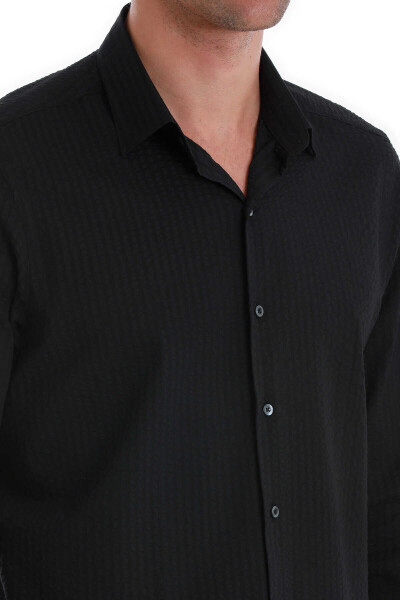 Siyah Comfort Fit 100% Pamuk Slim Yaka Uzun Kollu Spor Gömlek - 5