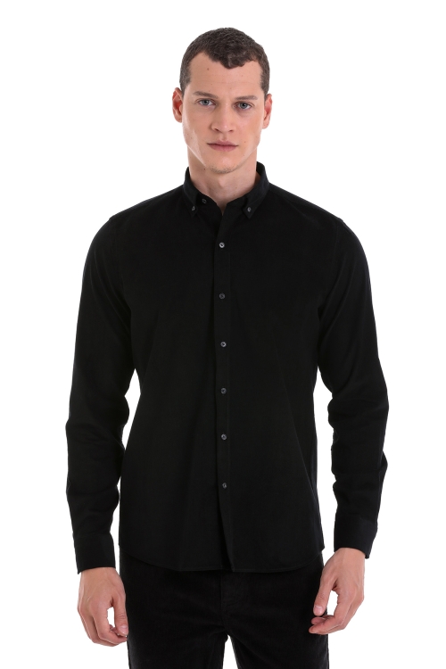 Hatem Saykı - Siyah Comfort Fit Düz 100% Pamuklu Düğmeli Yaka Uzun Kollu Casual Kadife Gömlek
