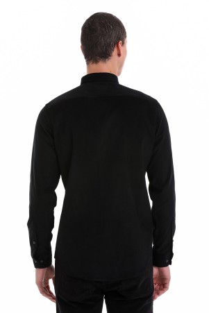Siyah Comfort Fit Düz 100% Pamuklu Düğmeli Yaka Uzun Kollu Casual Kadife Gömlek - Thumbnail