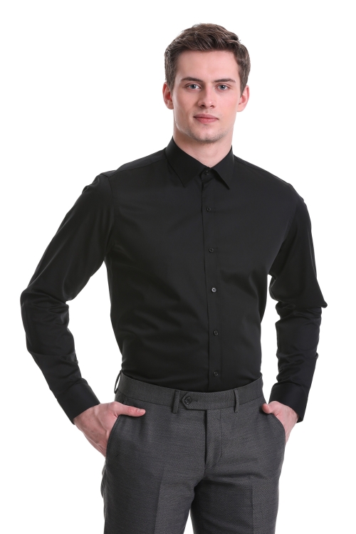 Hatem Saykı - Siyah Comfort Fit Düz 100% Pamuklu Düğmeli Yaka Uzun Kollu Saten Gömlek