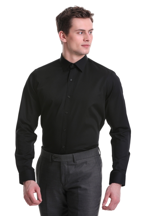 Siyah Comfort Fit Düz 100% Pamuklu Düğmeli Yaka Uzun Kollu Saten Gömlek - Thumbnail (2)