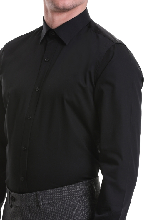 Siyah Comfort Fit Düz 100% Pamuklu Düğmeli Yaka Uzun Kollu Saten Gömlek - Thumbnail (3)