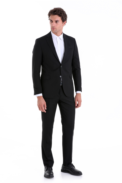 Hatemoğlu - Siyah Comfort Fit Düz Mono Yaka Klasik Takım Elbise