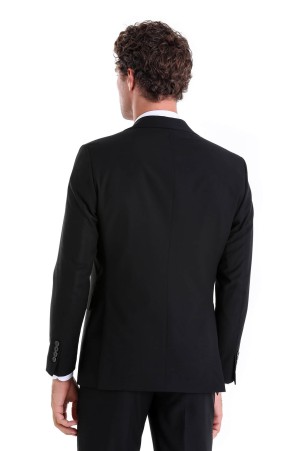 Siyah Comfort Fit Düz Mono Yaka Klasik Takım Elbise - Thumbnail