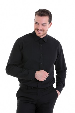 Siyah Comfort Fit Düz Pamuklu Slim Yaka Uzun Kollu Klasik Gömlek - Thumbnail