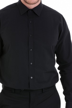 Siyah Comfort Fit Düz Pamuklu Slim Yaka Uzun Kollu Klasik Gömlek - Thumbnail
