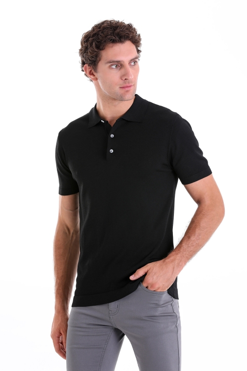 Hatem Saykı - Siyah Comfort Fit Düz Polo Yaka Rayon Triko Tişört
