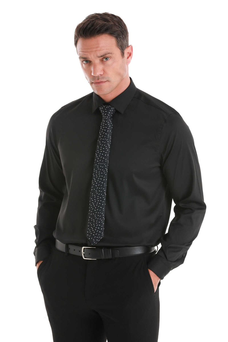 Siyah Comfort Fit Slim Yaka Uzun Kollu Gömlek - Hatem Saykı