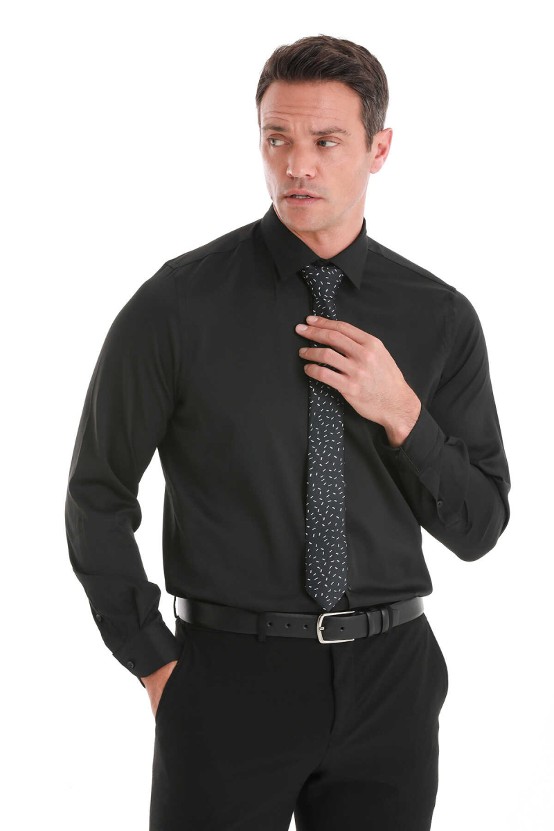 Siyah Comfort Fit Slim Yaka Uzun Kollu Gömlek - Hatem Saykı (1)